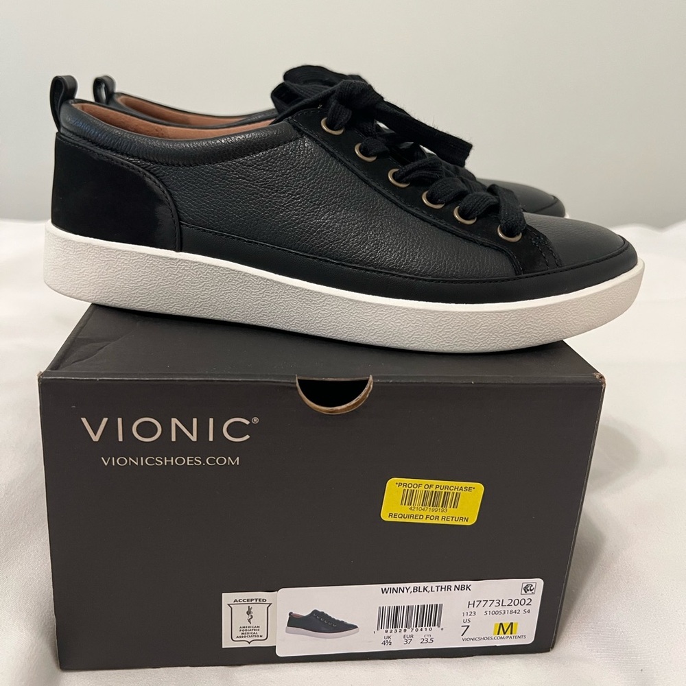 Vionic Winny Women’s Black Leather Nubuck Casual Sneakers – Size 7 – Arch Supp